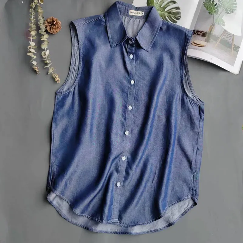 Women's Blue Sleeveless Denim  - огляд і ціна Shirt Camp Collar