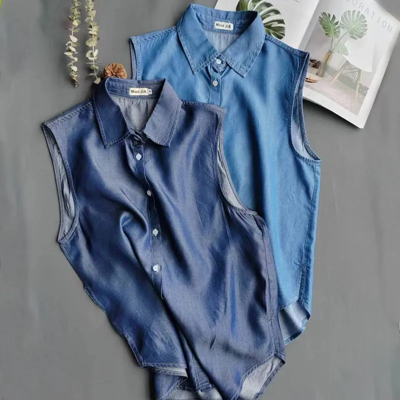 Women's Blue Sleeveless Denim  - огляд і ціна Shirt Camp Collar