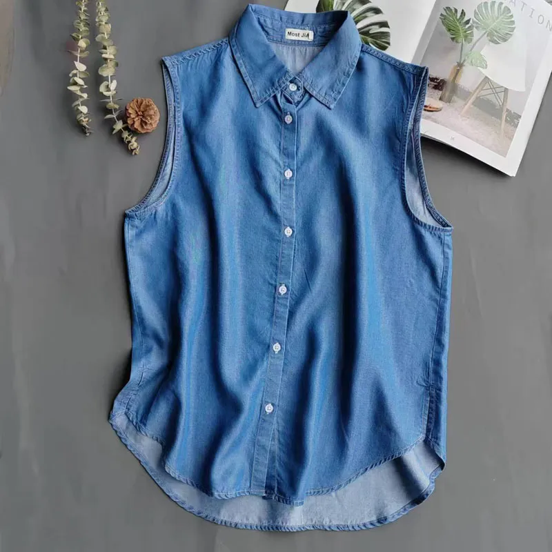 Women's Blue Sleeveless Denim  - огляд і ціна Shirt Camp Collar